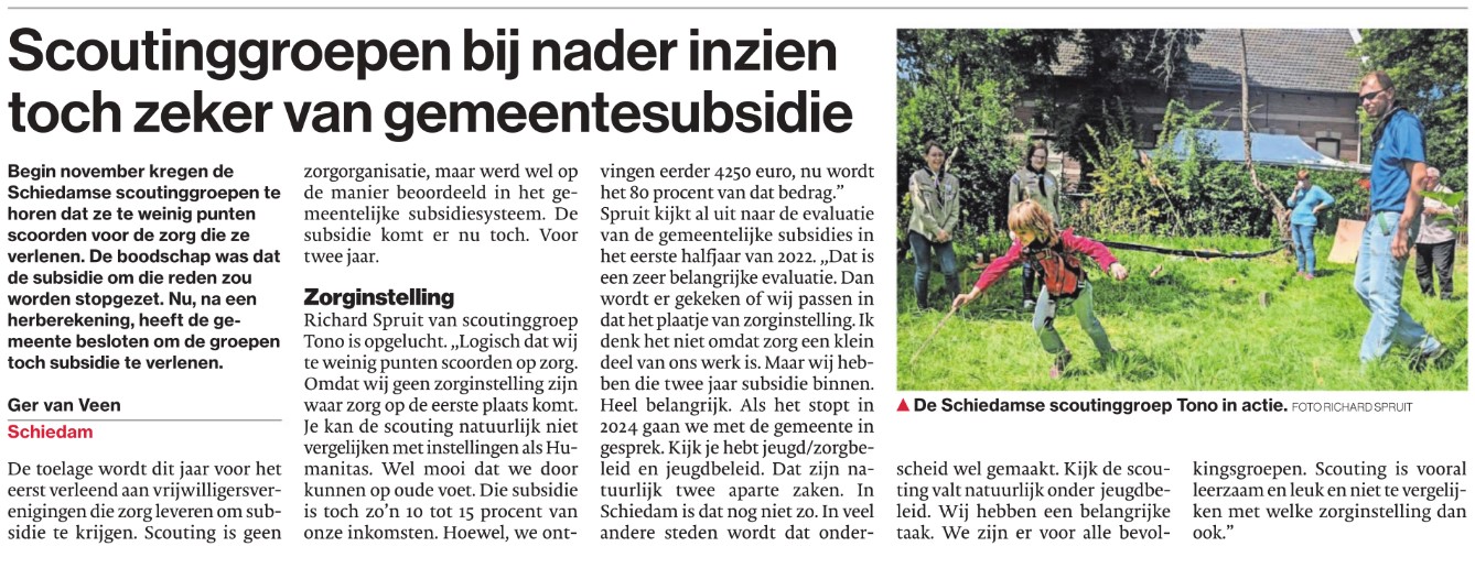 Ger van Veen plaats een update over de subsidieperikelen van de Schiedamse scoutinggroepen in het AD/Waterweg op 6 december 2021
