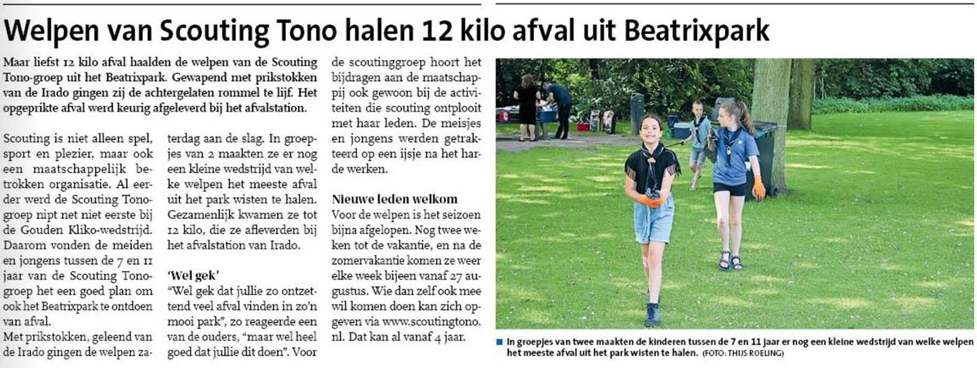 Op pagina 19 van het Nieuwe Stadsblad de maatschappelijke actie van de welpen