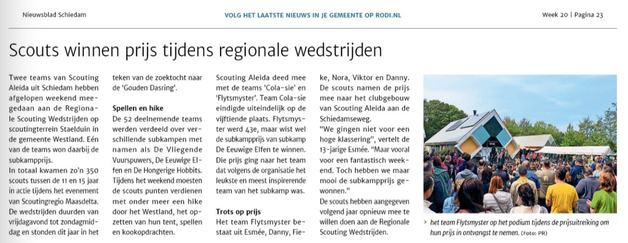 Op pagina 23 van Nieuwsblad Schiedam van 13 mei 2026 een artikel over de twee teams van Scouting Aleida bij de Regionale Scouting Wedstrijden 2026