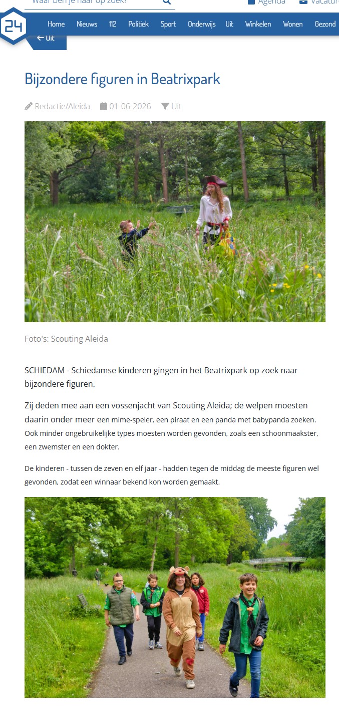 De welpen van Scouting Aleida Schiedam hielden een vossenjacht in het Beatrixpark in Schiedam. Verschillende nieuwssites berichten hierover